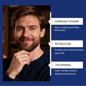 Vista detallada de los ingredientes del lápiz para barba con carbón activo y tocoferol.