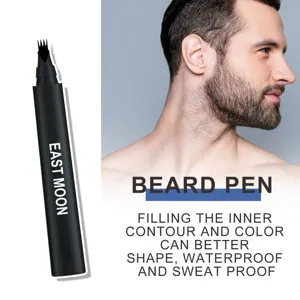 Detalle del rotulador de barba con cuatro puntas y su aplicación natural en el modelo masculino.