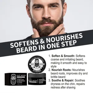 East Moon beard balm detail showing 100g jar, nourishing formula for soft and smooth beard.