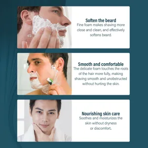 Detail view of mens shaving foam, showing beard softening and skin moisturizing benefits.