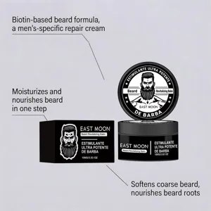 East Moon men's beard care cream detail view showing rich formula, daily moisturizing and soothing.