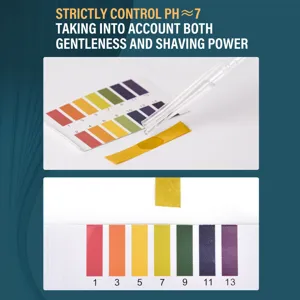 Detail view of men shaving foam pH test strip showing balanced neutral pH around 7 for gentle care.