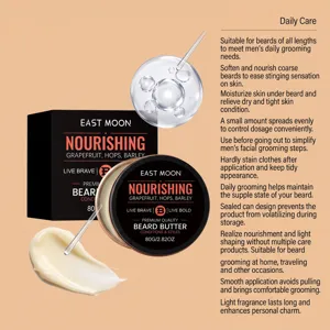 Vista dettagliata del burro da barba EAST MOON da uomo, consistenza liscia e ingredienti.
