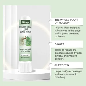 Herbal lung cleanse inhaler detail view, showing natural ingredients and breathing benefits.