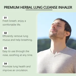 Herbal lung cleanse inhaler detail view showing fresh breath and easy breathing benefits.