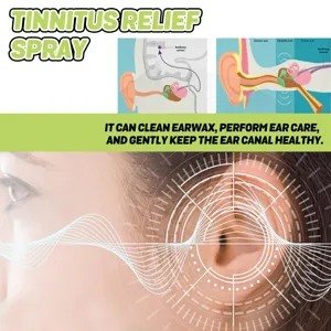 Détail de spray de soin auriculaire avec schémas anatomiques et bienfaits de nettoyage.