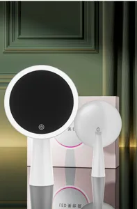 Close-up detail of LED makeup mirror, tabletop vanity light with ring illumination and touch.