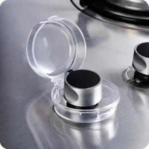 Transparent plastic gas stove knob protective cover, safety child lock dustproof guard detail.