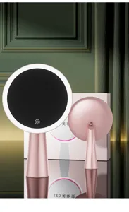 Desktop LED makeup mirror with smart touch control, adjustable lighting, and pink stand.