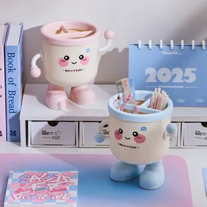 Cute desktop storage bucket mini trash can pen holder cartoon robot design office supplies
