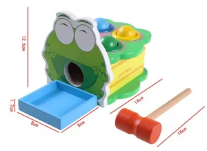 Wooden frog pounding bench toy with hammer and colorful balls for kids early education.