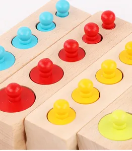 Vue détaillée des blocs de cylindres en bois Montessori, jouet éducatif d'apprentissage.