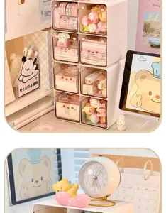 Cute desktop storage drawer detail showing multi-layer transparent box with adorable bear design.