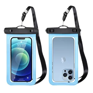Universal waterproof phone pouch with neck strap, clear touch screen dry bag for swimming.