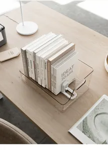 Organizzatore da scrivania trasparente per libri con fermalibri regolabili per un ordine moderno.