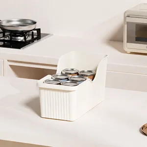 Vista dettagliata della scatola portaoggetti in plastica crema con scanalature per cucina.