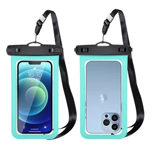 Universal waterproof phone pouch with secure lock and lanyard for swimming and outdoor beach.