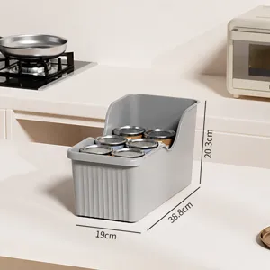 Scatola di contenimento da cucina grigia per organizzare barattoli e lattine sul bancone.