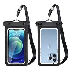 Universal waterproof phone pouch with strap, clear touch screen design for outdoor swimming and diving.