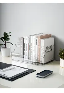 Organizer da scrivania per libri in acrilico trasparente per ufficio e casa moderna.