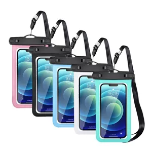 Universal waterproof phone pouch with touchscreen compatibility and lanyard for outdoor use.