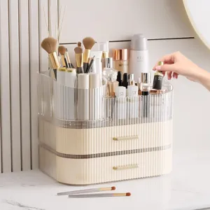 Transparenter Acryl Make-up-Organizer mit Schubladen und Pinselhaltern für Kosmetik.