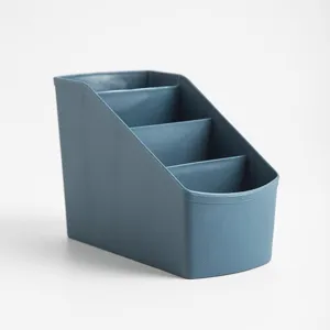 Blue desktop storage organizer with 4 grid slots for office supplies and makeup essentials.