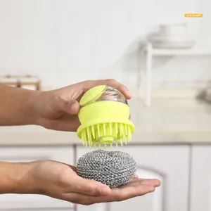 Household Press Liquid Cleaning Brush Plastic Astronaut Design Dishwashing Pot Brush With Steel Wire Ball Storage Stand