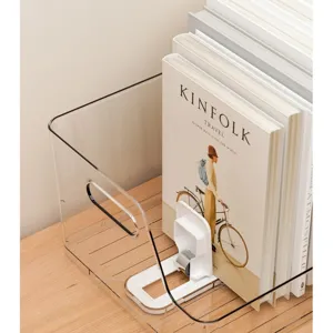 Scatola porta libri da scrivania in acrilico trasparente con supporto regolabile.