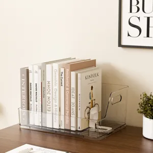 Organizzatore di libri da scrivania in acrilico trasparente con fermalibri regolabili e pratici.