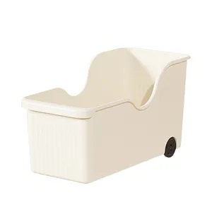 Scatola portaoggetti in plastica sottopensile con ruote, contenitore organizer bianco crema cucina.