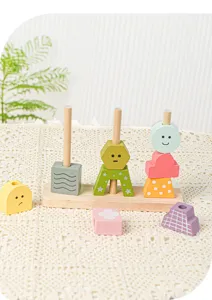 Wooden educational sorting stacking toy detail view, cute face design, early learning puzzle.