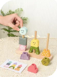 Children wooden shape sorting stacking puzzle toy detail showing colorful blocks and cards.