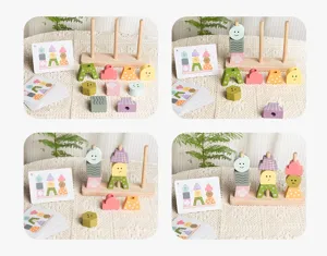 Wooden sorting stacking puzzle toy set for kids early education and logic training detail.