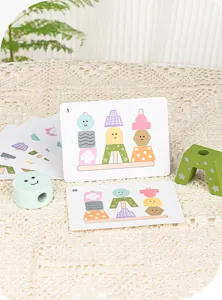 Wooden puzzle toy detail view showing cute expression blocks and challenge cards for kids.