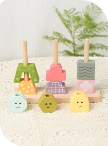 Wooden sorting stacking puzzle toy detail, colorful geometric shapes with cute facial expressions.