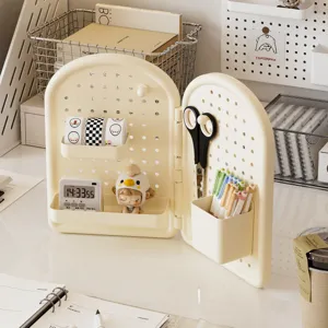 Desktop foldable pegboard storage rack with cute accessories, aesthetic office organizer.