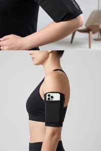 Fascia da braccio sportiva nera per grandi smartphone, elastica anti-scossone per fitness.