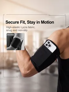 Fascia da braccio sportiva nera per smartphone, ideale per corsa e fitness. Elastica.
