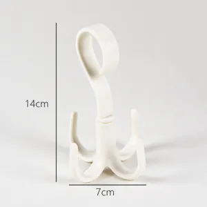 Gancio girevole a quattro artigli in plastica bianca per sciarpe e piccoli oggetti.