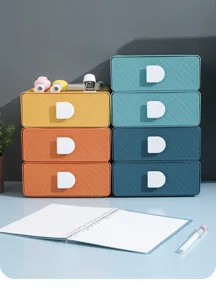 Desktop plastic storage drawer box, multi-layer office stationery organizer shelf for desk clutter.