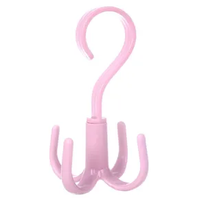 Multi-functional rotating four-claw plastic scarf and hat storage hanger in pink color.