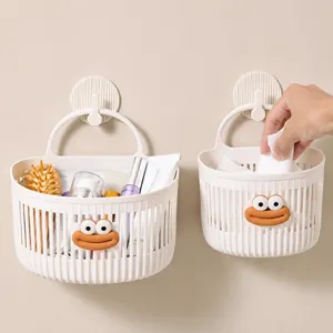 Wall-mounted plastic hanging storage basket for bathroom kitchen dormitory organization.