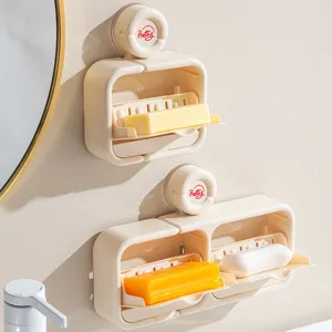 Wandmontierte Saugnapf-Seifenschale mit Klappdeckel und Drainage, beige Badezimmer Organizer.