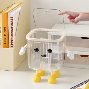 Mini cestino da scrivania trasparente con coperchio a pressione e piedini per la cameretta