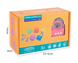 Wooden number learning locks toy packaging detail view showing size and educational pieces.