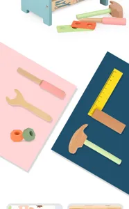 Children wooden simulation tool set toy details, including hammer, wrench, and screws.