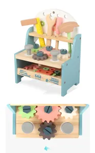 Detailed view of colorful wooden toy workbench parts, gears, screws, and tools for kids play.