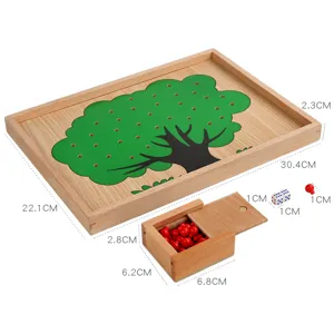 Wooden Montessori math counting toy board with apple tree pattern and storage box.