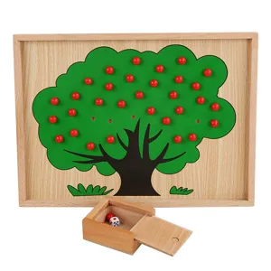 Montessori wooden apple tree math toy, early education counting game set with box and dice.